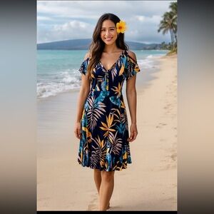 NWT Hao MeiLi Collection Cold Shoulder Hawaiian Tropical Dress w/Pockets